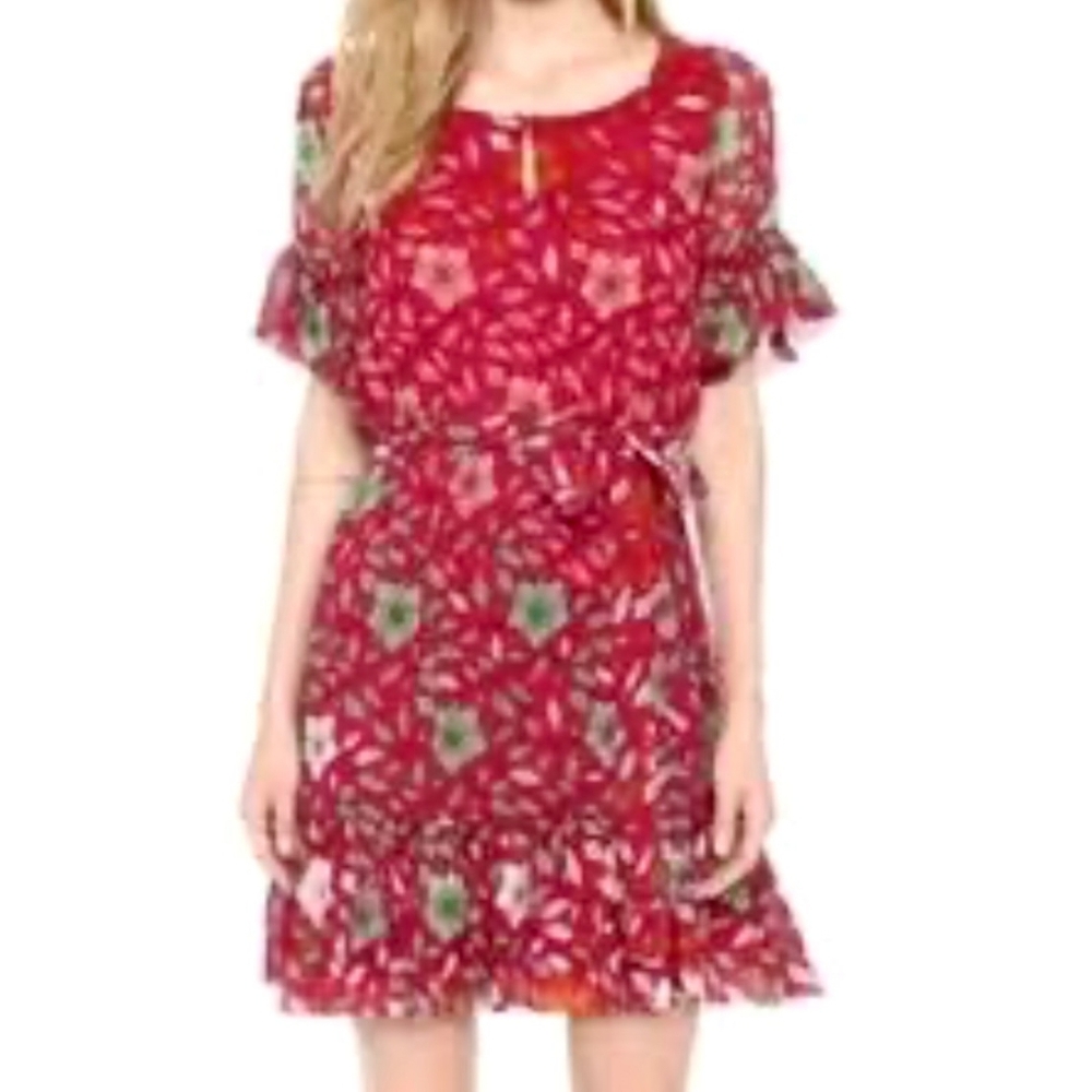 Diane Von Furstenberg Wine, floral, ruffle, knee length dress, Silk, Size 4